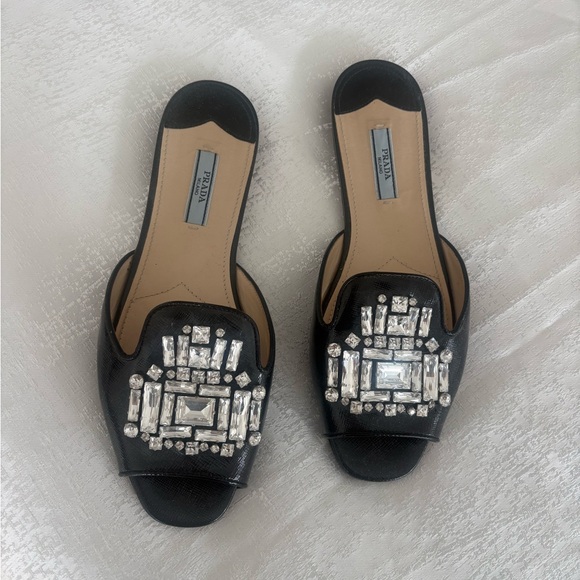 Prada Black Crystal Embellished Mules